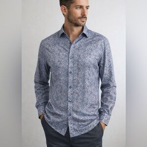 Bugatchi‎ OoohCotton Tech Stretch Mens Blue Geometric Button Shirt Large